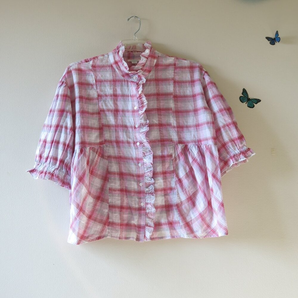 Sundance Pink Grey Plaid Relaxed Button Down Romantic Bohemian Blouse Size XS
